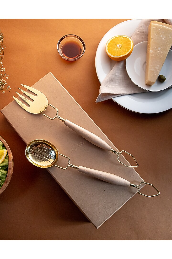 Gold Stainless Steel & Maplewood Cutlery (Set Of 3) by Logam at Pernia's Pop Up Shop