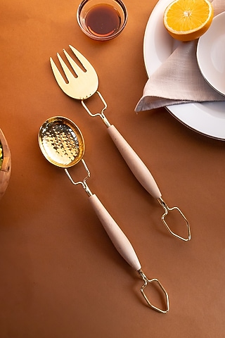 Gold Stainless Steel & Maplewood Cutlery (Set Of 3) by Logam