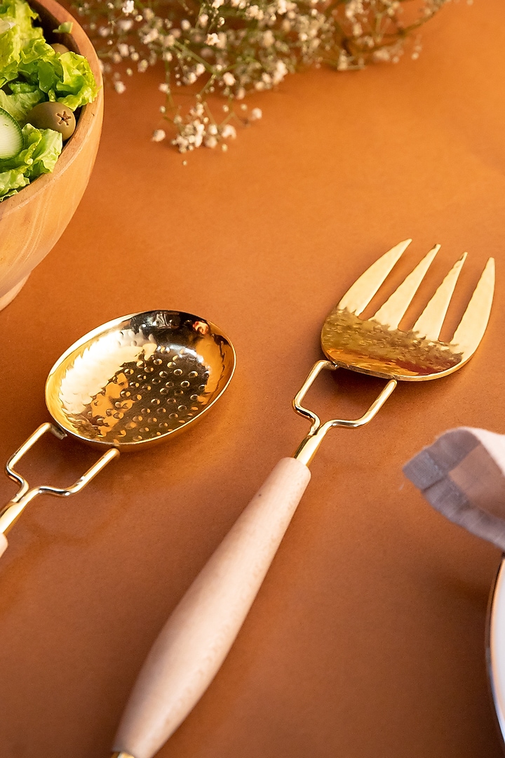Gold Stainless Steel & Maplewood Cutlery (Set Of 3) by Logam at Pernia's Pop Up Shop