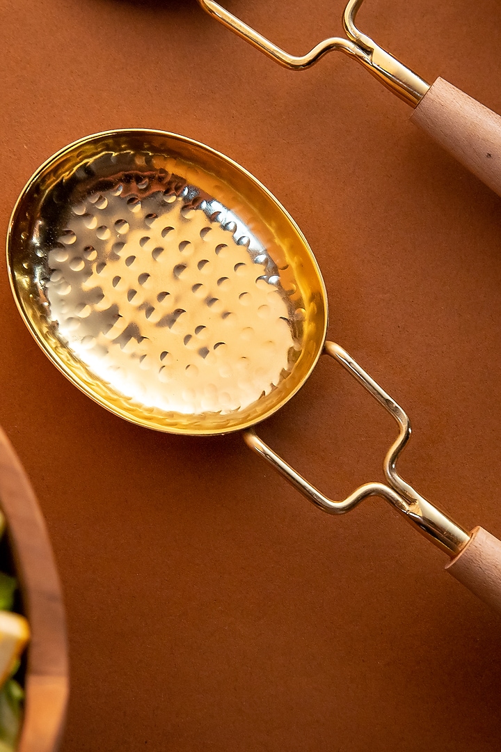 Gold Stainless Steel & Maplewood Cutlery (Set Of 3) by Logam at Pernia's Pop Up Shop