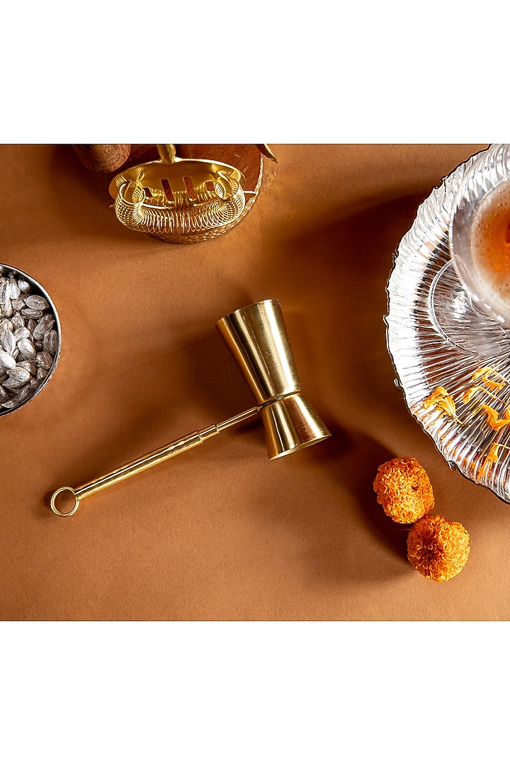 Gold Stainless Steel & Acaciawood Bar Tool (Set Of 5) by Logam at Pernia's Pop Up Shop