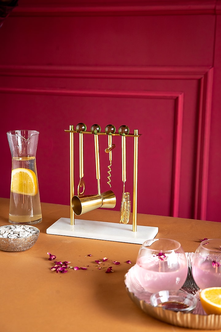 White Gold & Green Stainless Steel Bar Instrument (Set Of 5) by Logam at Pernia's Pop Up Shop