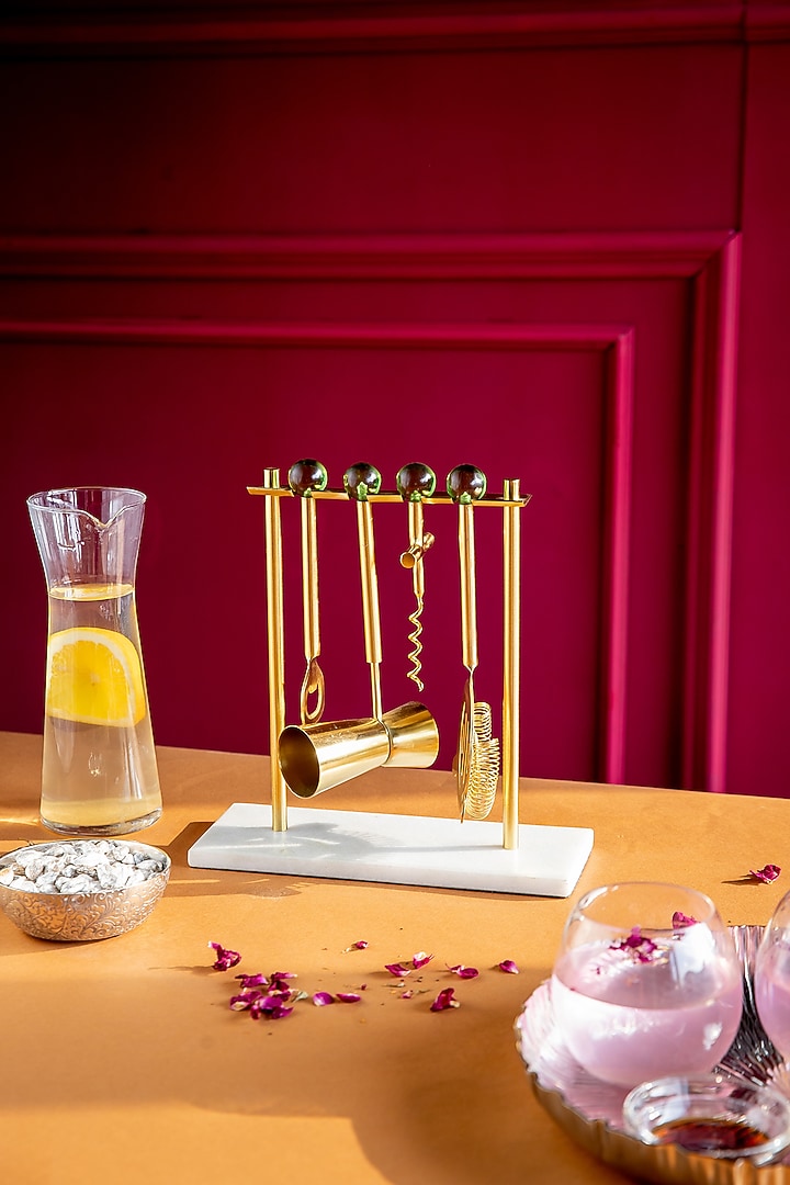 White Gold & Green Stainless Steel Bar Instrument (Set Of 5) by Logam at Pernia's Pop Up Shop