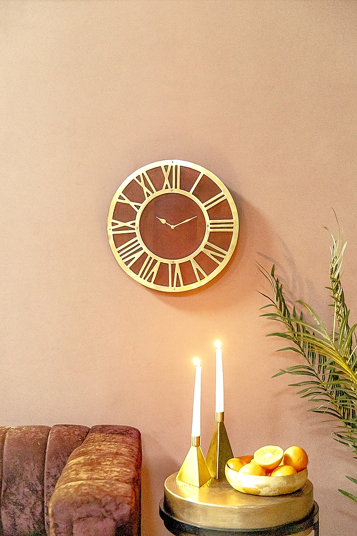 Brown & Gold Mango Wood Roman Wall Clock by Logam