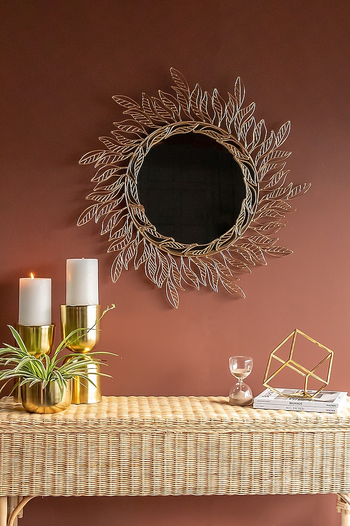 Gold MIld Steel Handcrafted Tropical Mirror by Logam
