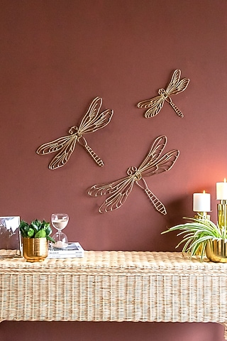 Gold Mild Steel Dragonfly Wall Decor Set by Logam
