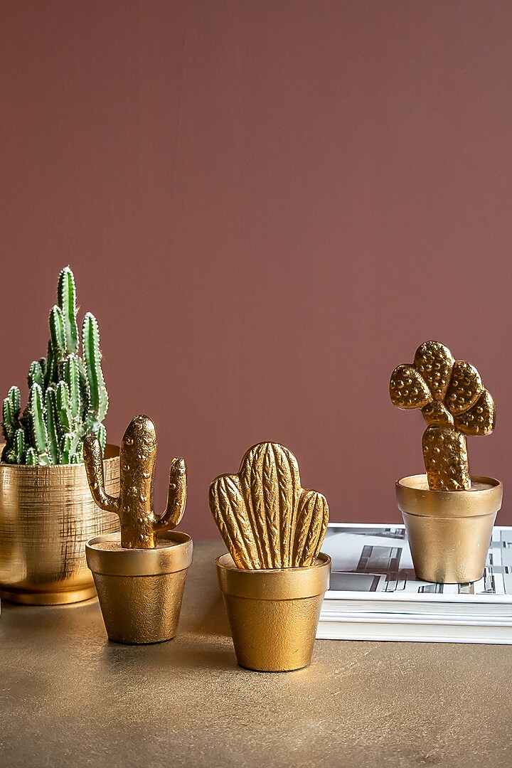 Gold Metal & Alluminium Cactus Showpiece Set by Logam at Pernia's Pop Up Shop
