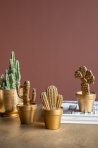 Gold Metal & Alluminium Cactus Showpiece Set by Logam
