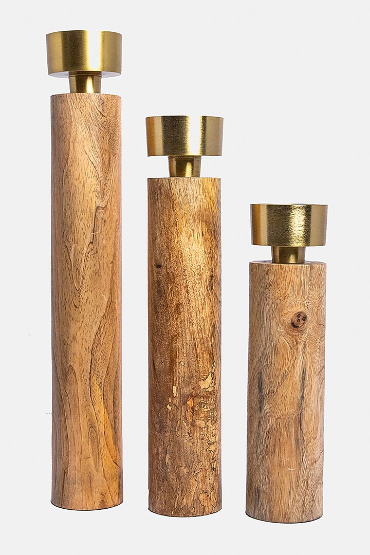 Natural Wood & Antique Brass Tealight Holders (Set of 3) by Logam at Pernia's Pop Up Shop