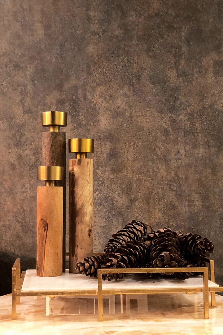 Natural Wood & Antique Brass Tealight Holders (Set of 3) by Logam at Pernia's Pop Up Shop