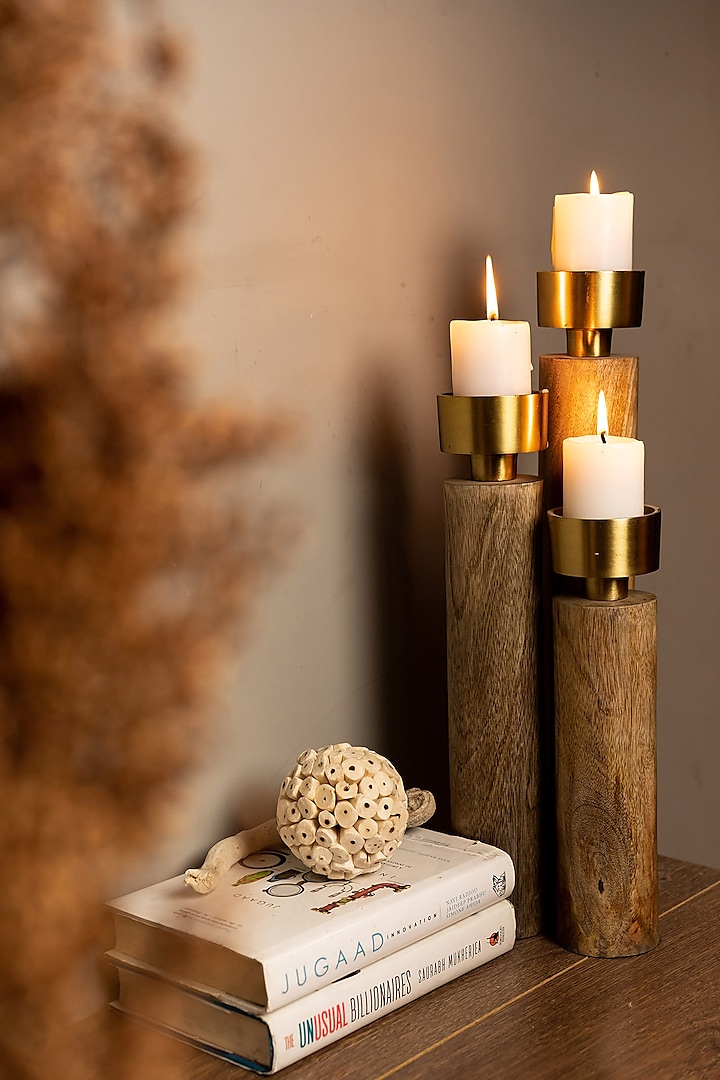 Natural Wood & Antique Brass Tealight Holders (Set of 3) by Logam