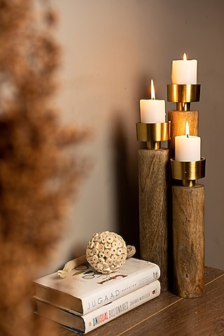 Natural Wood & Antique Brass Tealight Holders (Set of 3) by Logam