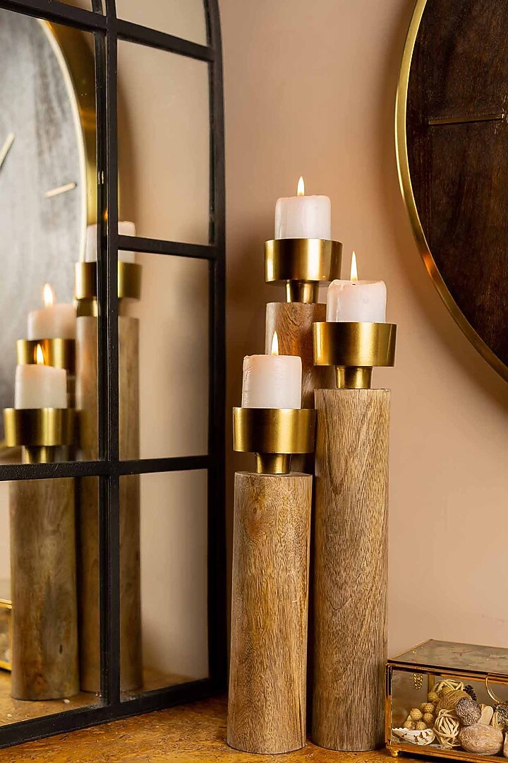Natural Wood & Antique Brass Tealight Holders (Set of 3) by Logam at Pernia's Pop Up Shop
