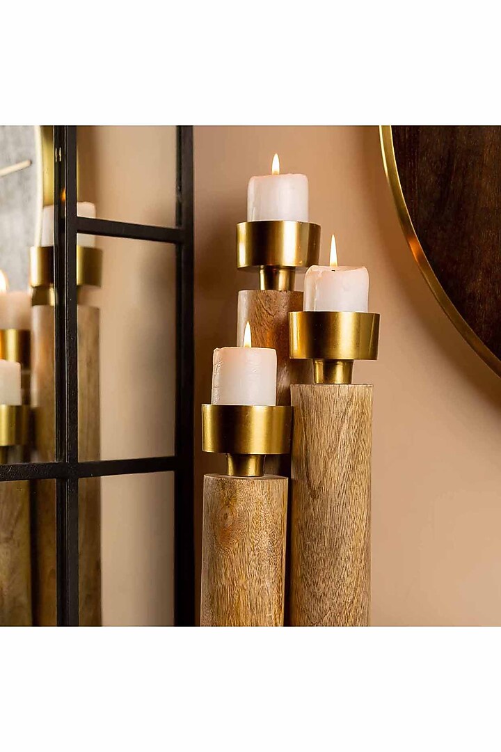 Natural Wood & Antique Brass Tealight Holders (Set of 3) by Logam at Pernia's Pop Up Shop