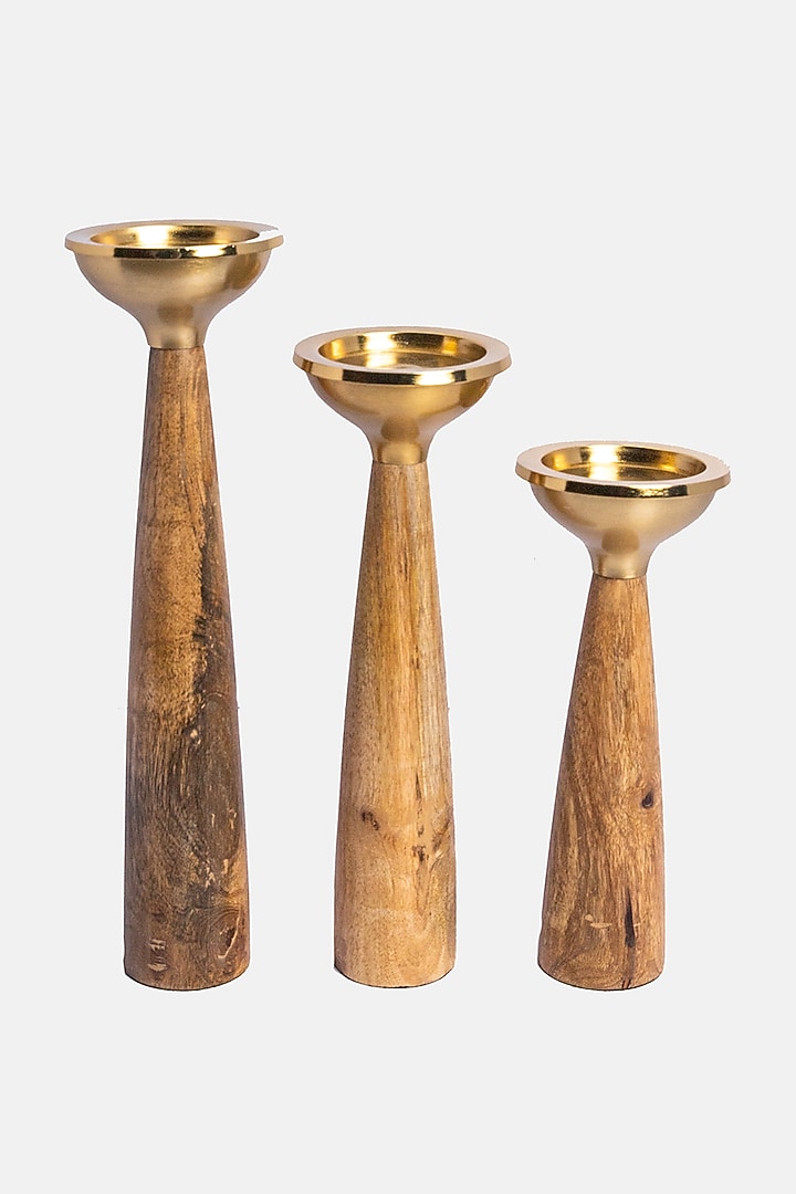 Natural Wood & Antique Brass Aluminium Tealight Holders (Set of 3) by Logam at Pernia's Pop Up Shop