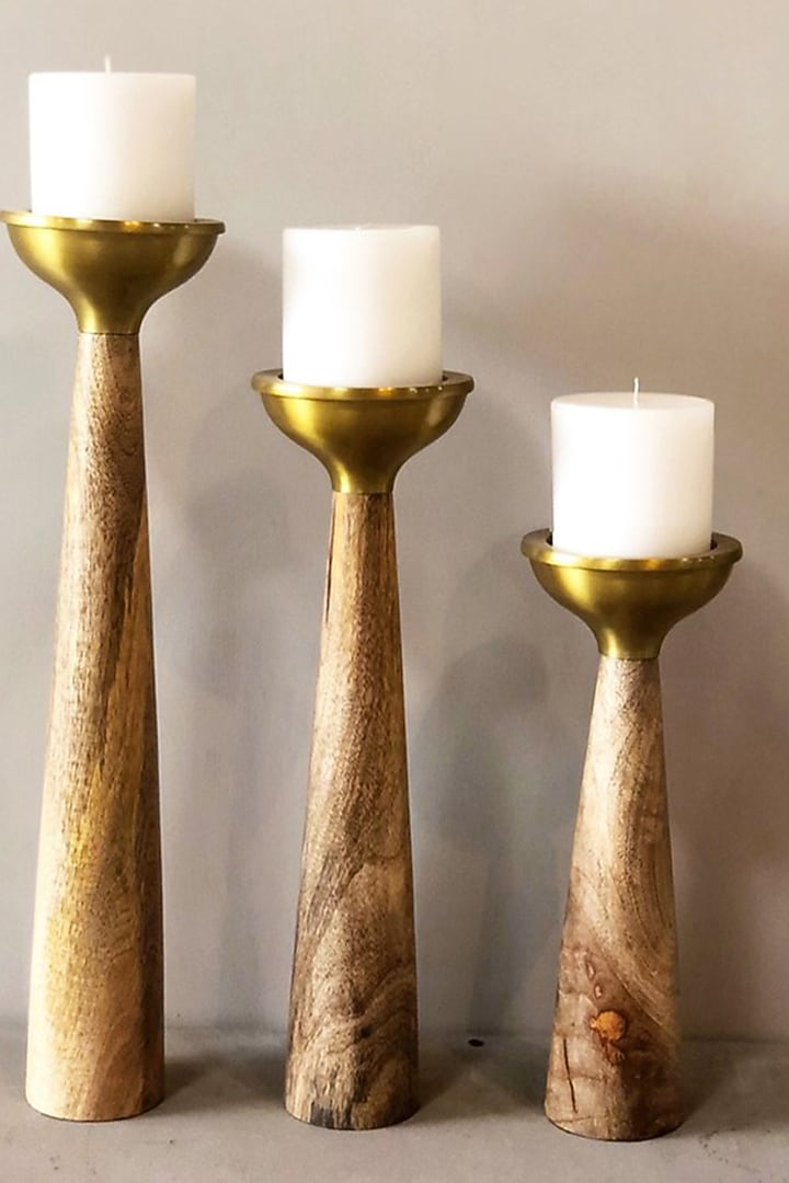 Natural Wood & Antique Brass Aluminium Tealight Holders (Set of 3) by Logam at Pernia's Pop Up Shop