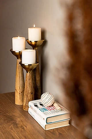 Natural Wood & Antique Brass Aluminium Tealight Holders (Set of 3) by Logam