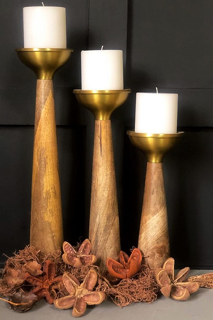 Natural Wood & Antique Brass Aluminium Tealight Holders (Set of 3) by Logam at Pernia's Pop Up Shop