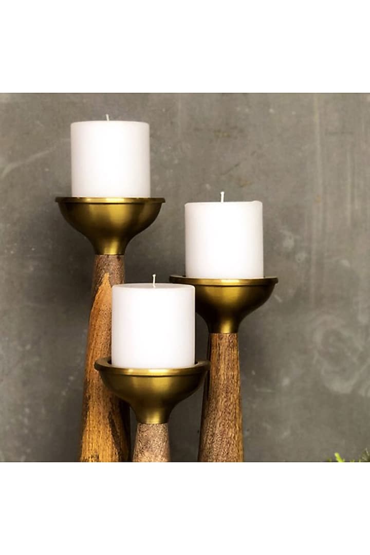 Natural Wood & Antique Brass Aluminium Tealight Holders (Set of 3) by Logam at Pernia's Pop Up Shop