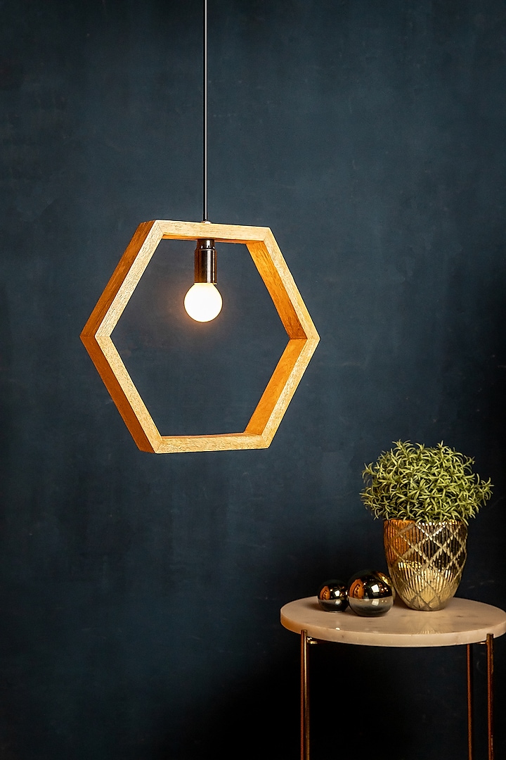 Natural Wood Hexagonal Hanging Lamp by Logam