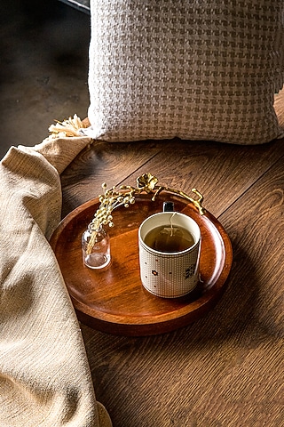 Dark Wood & Shiny Gold Round Tray by Logam