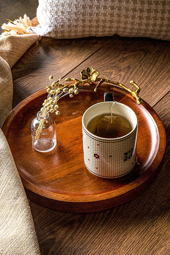 Dark Wood & Shiny Gold Round Tray by Logam at Pernia's Pop Up Shop