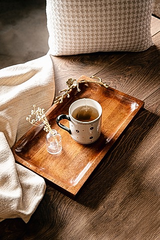 Dark Wood & Shiny Gold Rectangle Tray by Logam