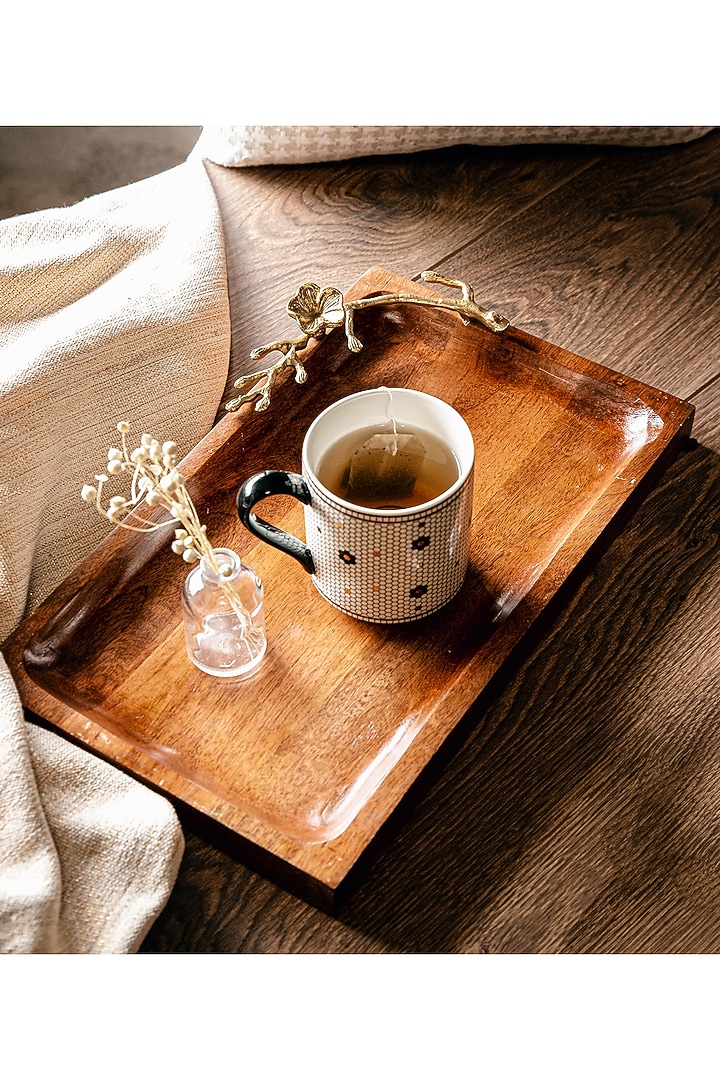 Dark Wood & Shiny Gold Rectangle Tray by Logam at Pernia's Pop Up Shop