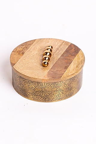 Brass Antique Mild Steel & Mango Wood Round Box by Logam