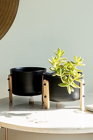 Black Mild Steel & Pine Wood Planter by Logam