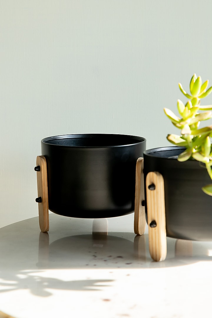 Black Mild Steel & Pine Wood Planter by Logam at Pernia's Pop Up Shop