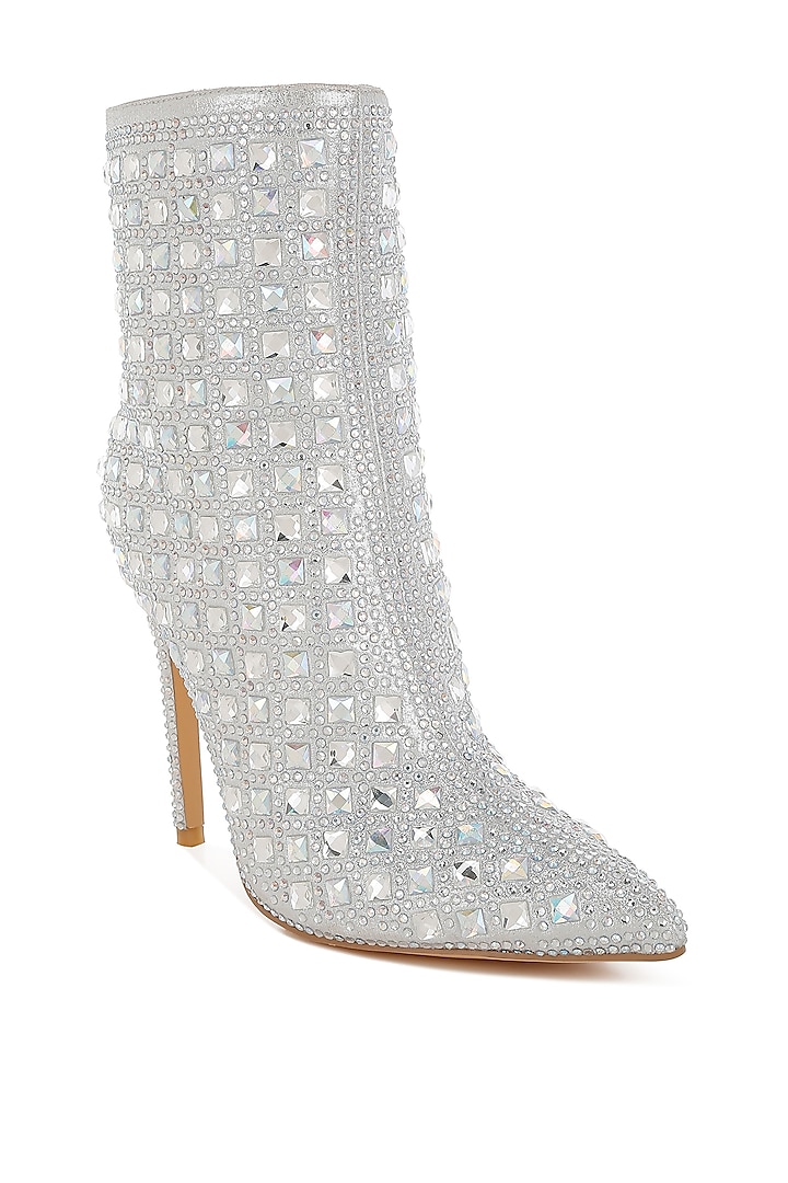 Silver Metallic Faux Leather Rhinestone Embellished Boots by London Rag at Pernia's Pop Up Shop