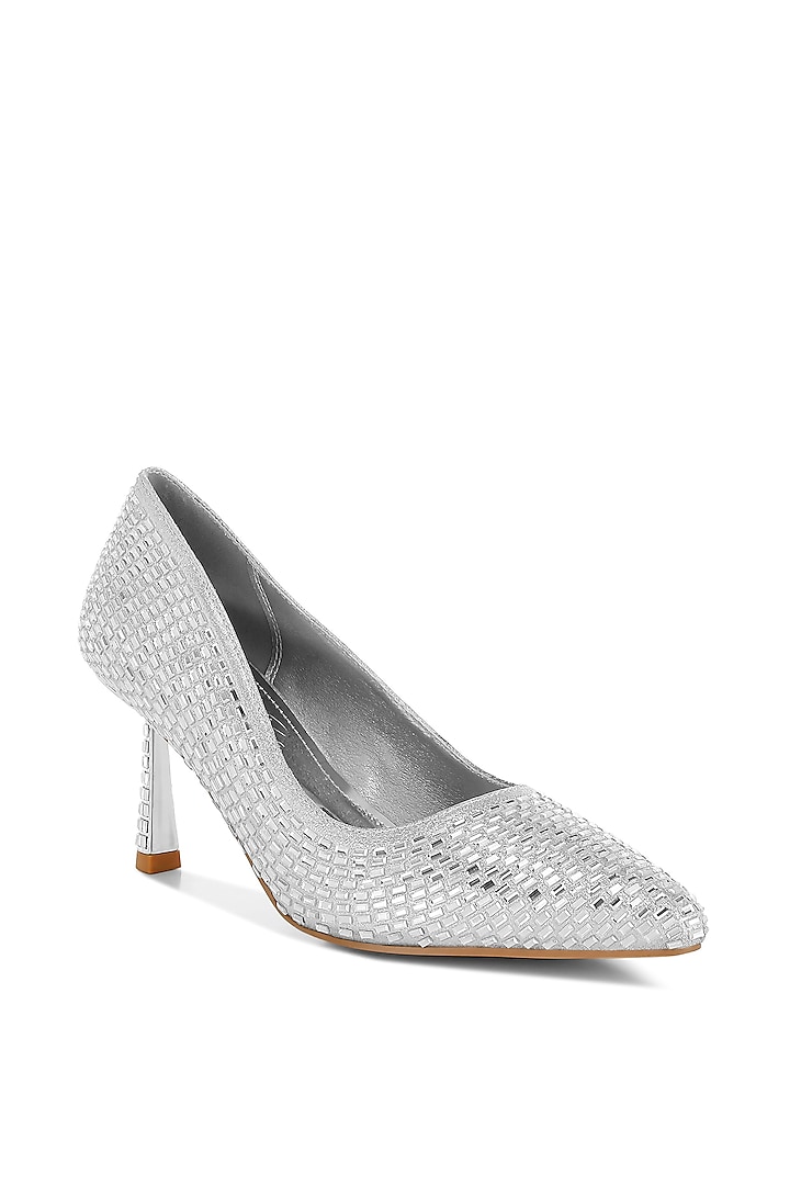 Silver Metallic Faux Leather Rhinestone Embellished Pumps by London Rag at Pernia's Pop Up Shop