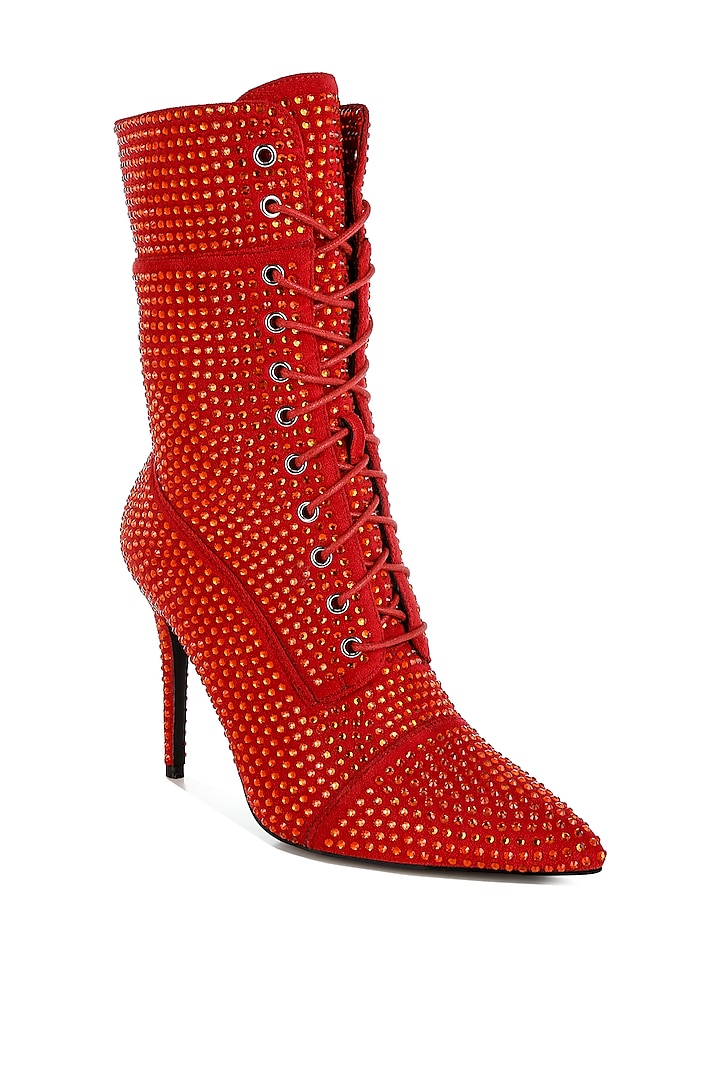 Red Microfibre Rhinestone Embellished Boots by London Rag at Pernia's Pop Up Shop