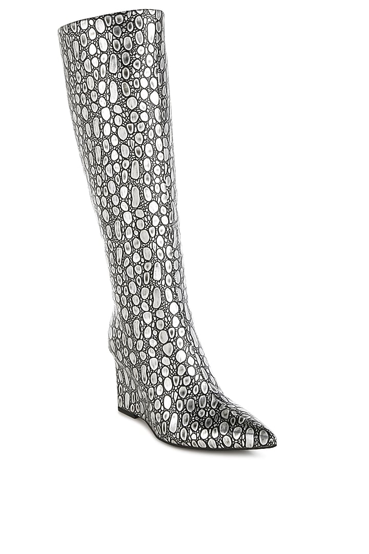 Black Faux Leather Printed Boots by London Rag at Pernia's Pop Up Shop