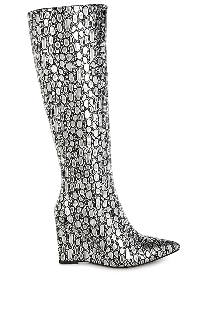 Black Faux Leather Printed Boots by London Rag at Pernia's Pop Up Shop