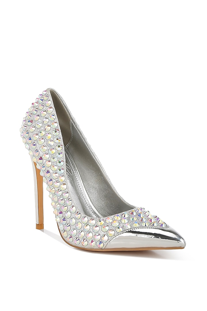 Silver Metallic Faux Leather Rhinestone Embellished Pumps by London Rag at Pernia's Pop Up Shop