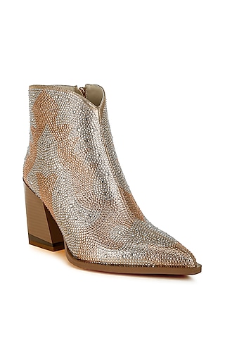 Gold Metallic Faux Leather Rhinestone Embellished Boots by London Rag