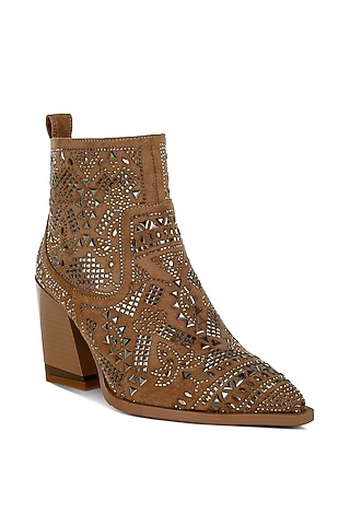 Beige Microfiber Stud Embellished Boots by London Rag