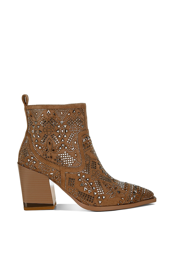 Beige Microfiber Stud Embellished Boots by London Rag at Pernia's Pop Up Shop
