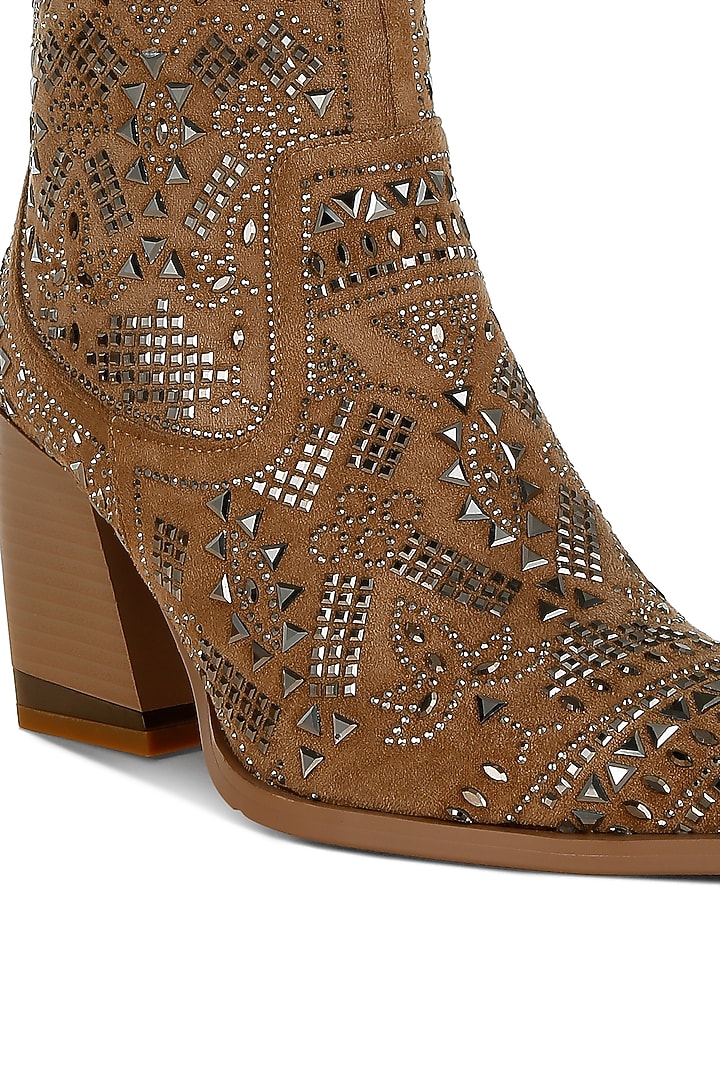 Beige Microfiber Stud Embellished Boots by London Rag at Pernia's Pop Up Shop