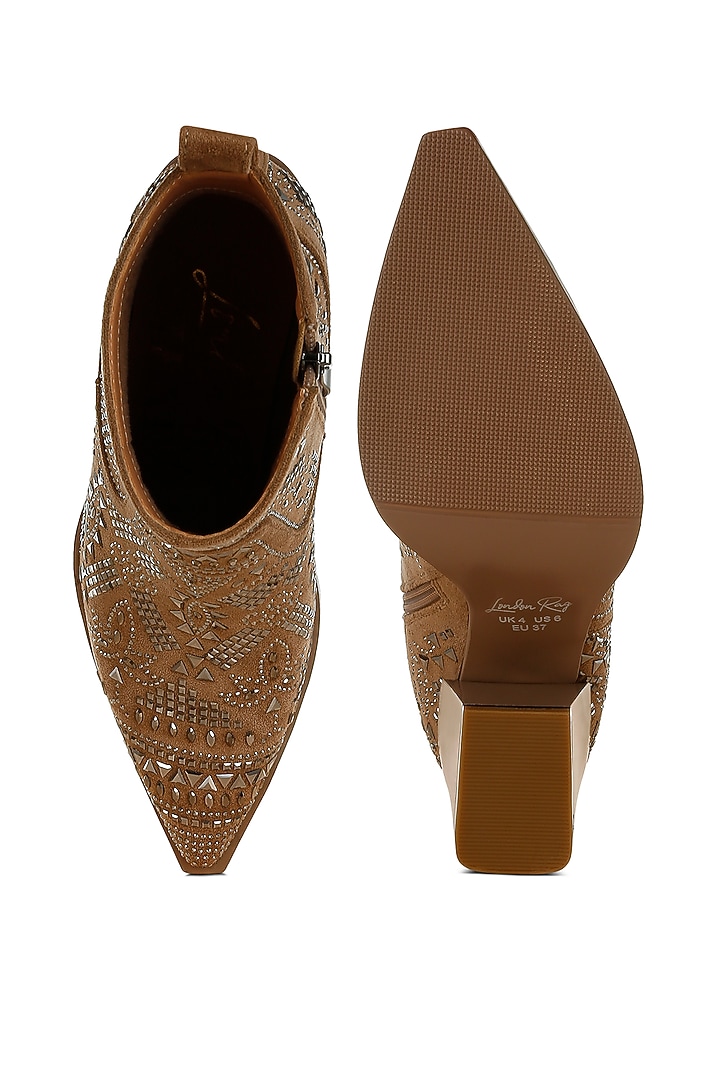 Beige Microfiber Stud Embellished Boots by London Rag at Pernia's Pop Up Shop