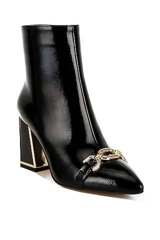 Black Patent Faux Leather Metallic Chain Embellished Boots by London Rag