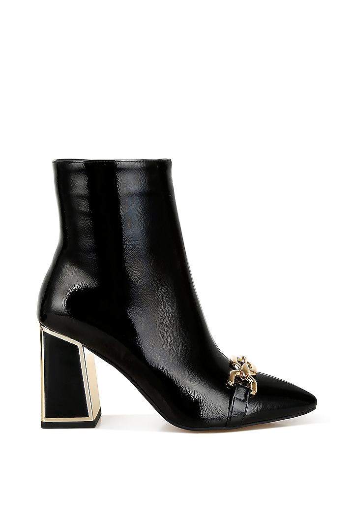 Black Patent Faux Leather Metallic Chain Embellished Boots by London Rag at Pernia's Pop Up Shop