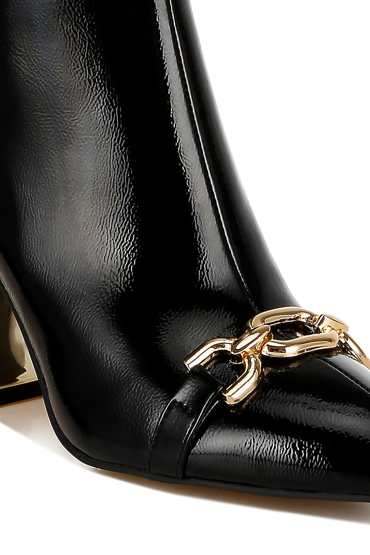 Black Patent Faux Leather Metallic Chain Embellished Boots by London Rag at Pernia's Pop Up Shop