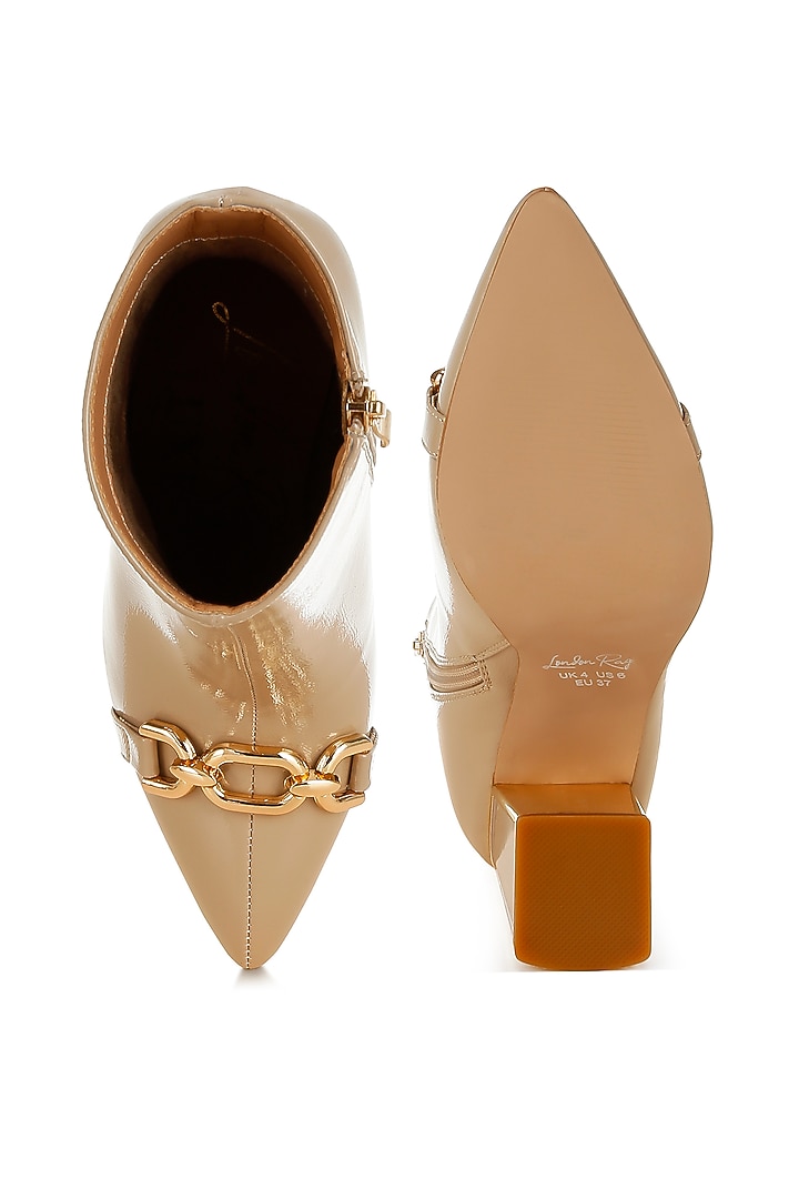Beige Patent Faux Leather Metallic Chain Embellished Boots by London Rag at Pernia's Pop Up Shop