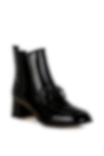 Black Patent Faux Leather Horsebit Embellished Boots by London Rag at Pernia's Pop Up Shop