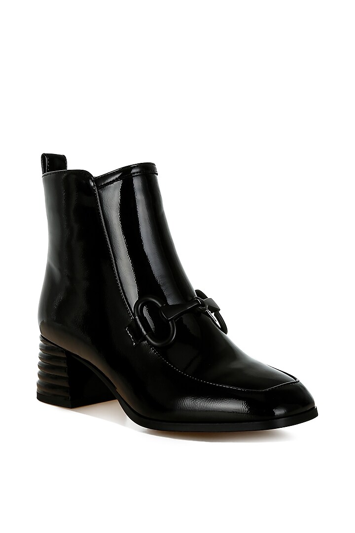 Black Patent Faux Leather Horsebit Embellished Boots by London Rag at Pernia's Pop Up Shop