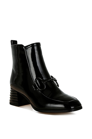 Black Patent Faux Leather Horsebit Embellished Boots by London Rag