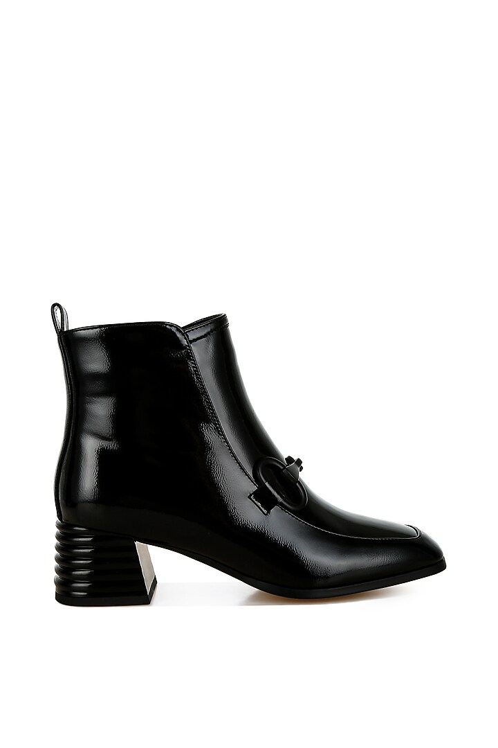 Black Patent Faux Leather Horsebit Embellished Boots by London Rag at Pernia's Pop Up Shop